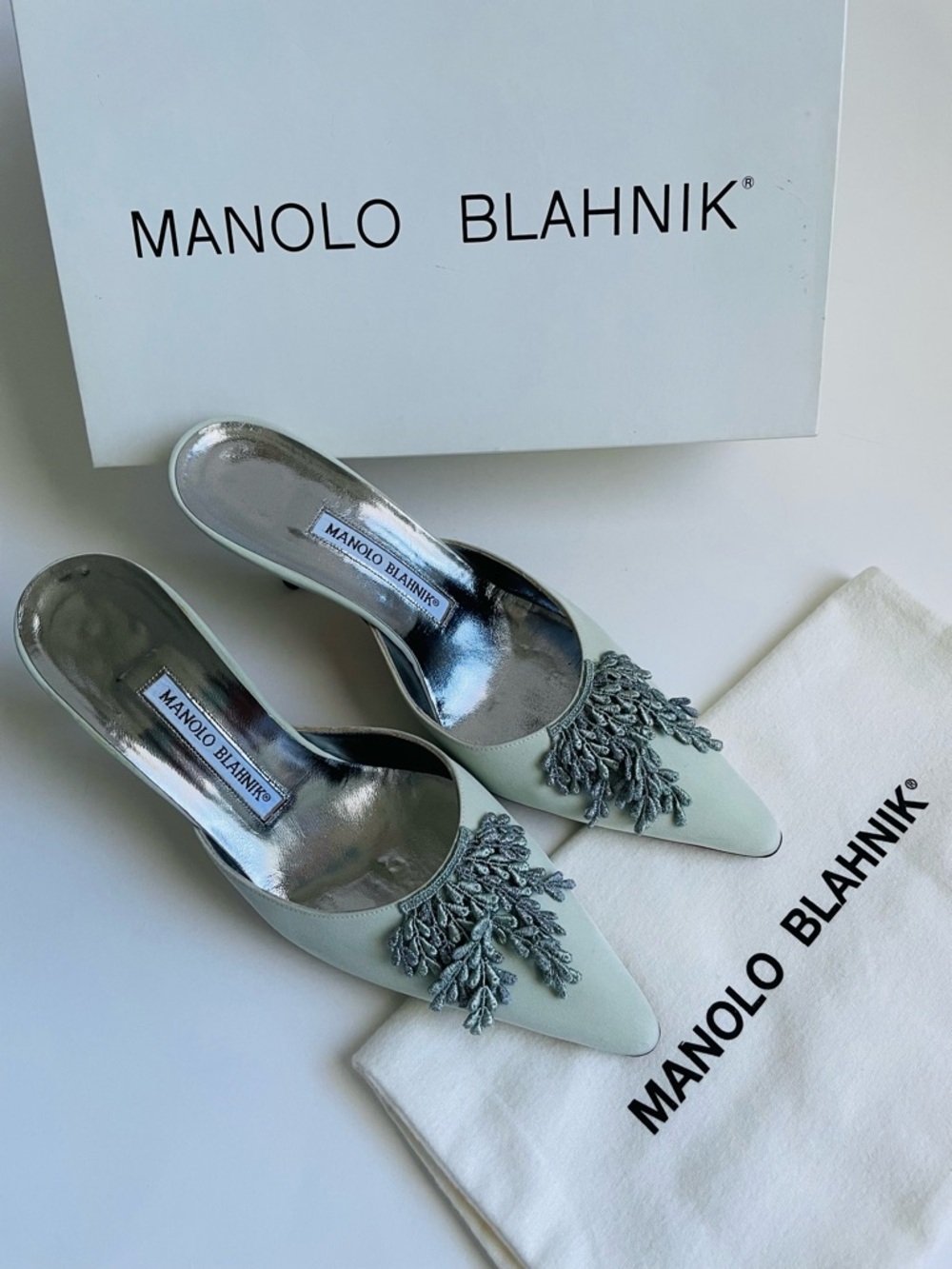 Manolo Blahnik Sage Green Embellished Pointed-Toe Kitten-Heel Mules Size 37 1/2